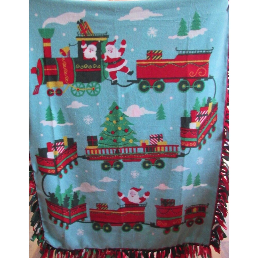 Handmade Tie Soft Fleece Throw Blanket Holiday Santa Claus Christmas Trains NWOT